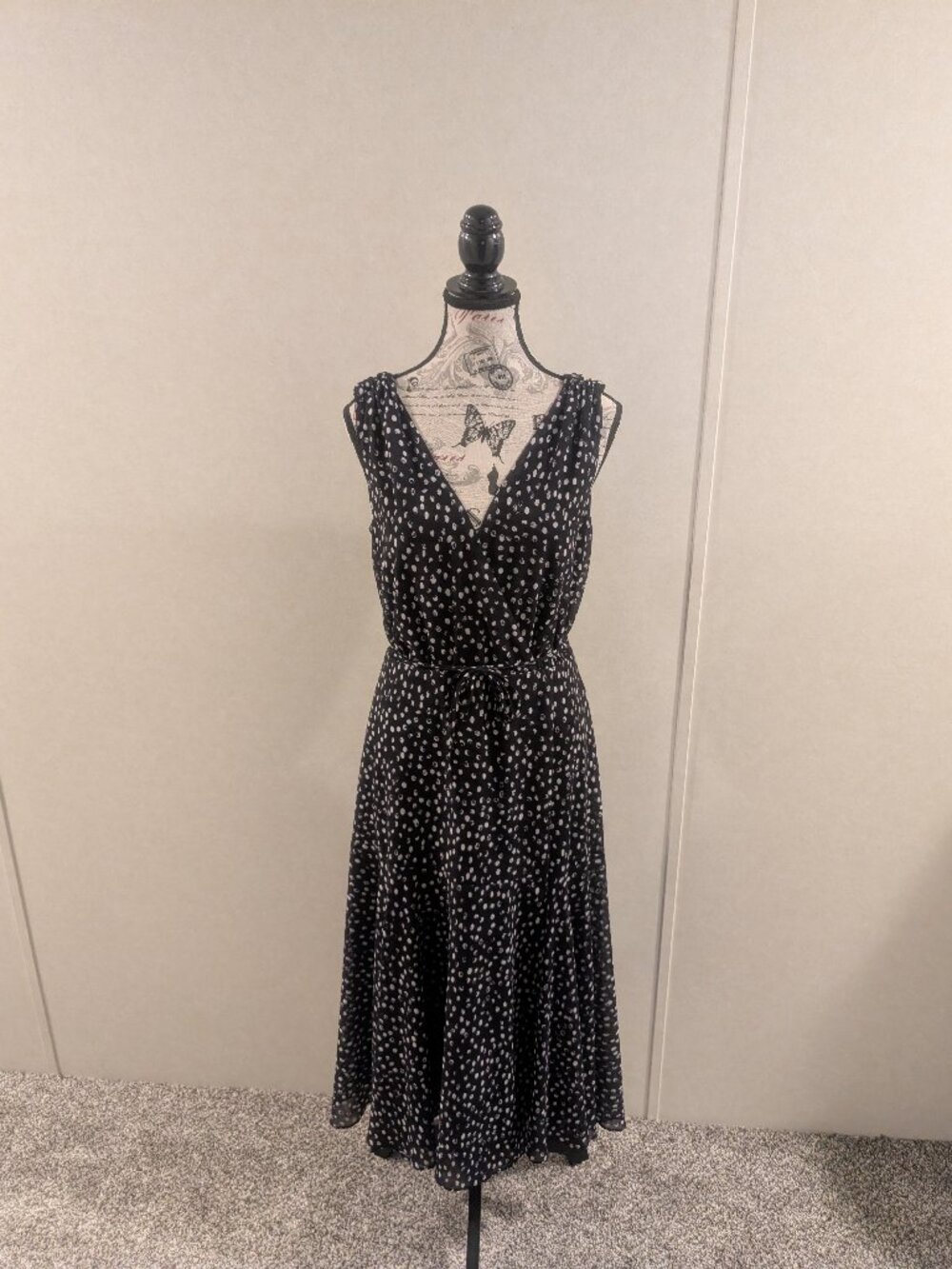 Alex Marie Navy Blue LB Polka Dot Midi Dress Sleeveless Belted Women's Size 6